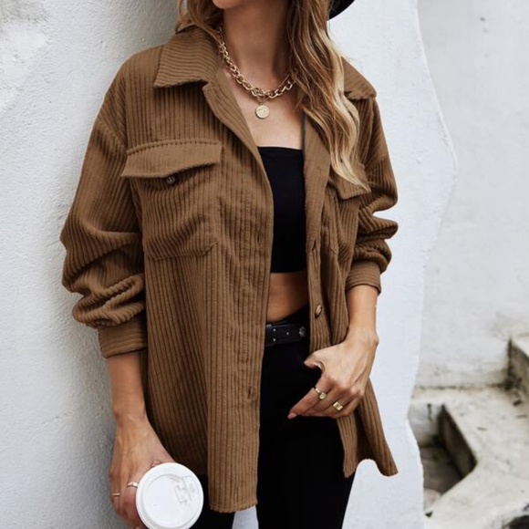 Cozy Brown Pocket Oversized Corduroy Jacket Shacket - Picture 8 of 13